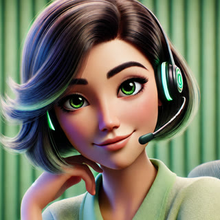 Maryah, a assistente virtual, sorrindo de headset